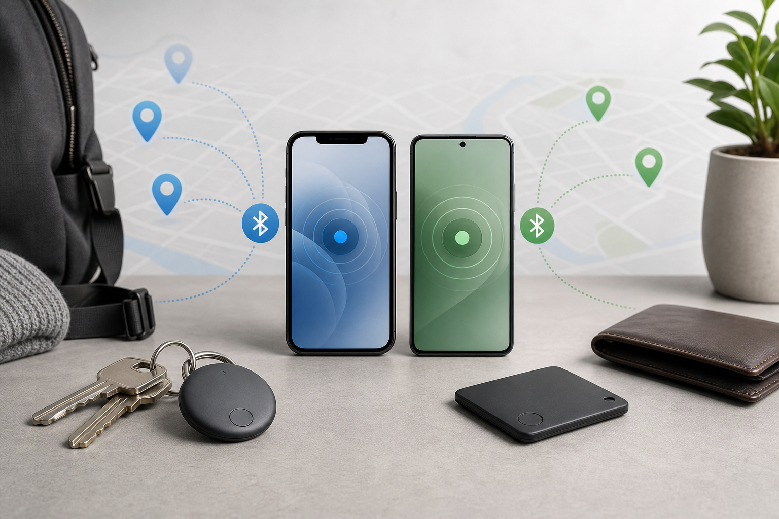 Dos teléfonos y localizadores Bluetooth para elegir entre Apple Find My y Google Find Hub