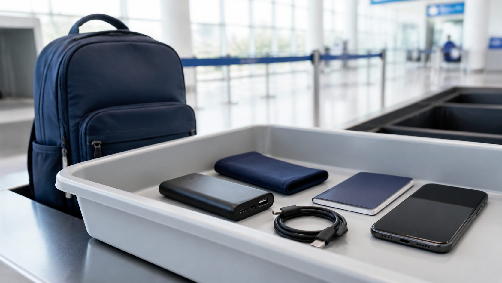Power bank sin marca en una bandeja de seguridad junto a equipaje de mano