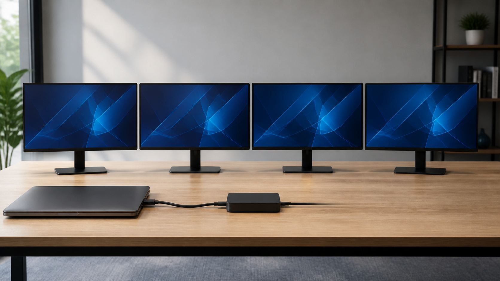 Una fuente conectada a un splitter HDMI que duplica la misma imagen en cuatro monitores