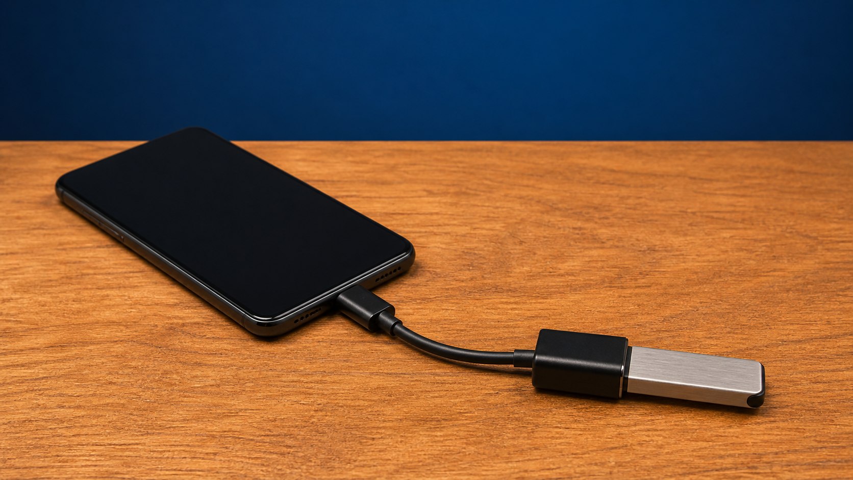 Celular conectado a una memoria USB mediante un adaptador OTG USB-C de cable corto