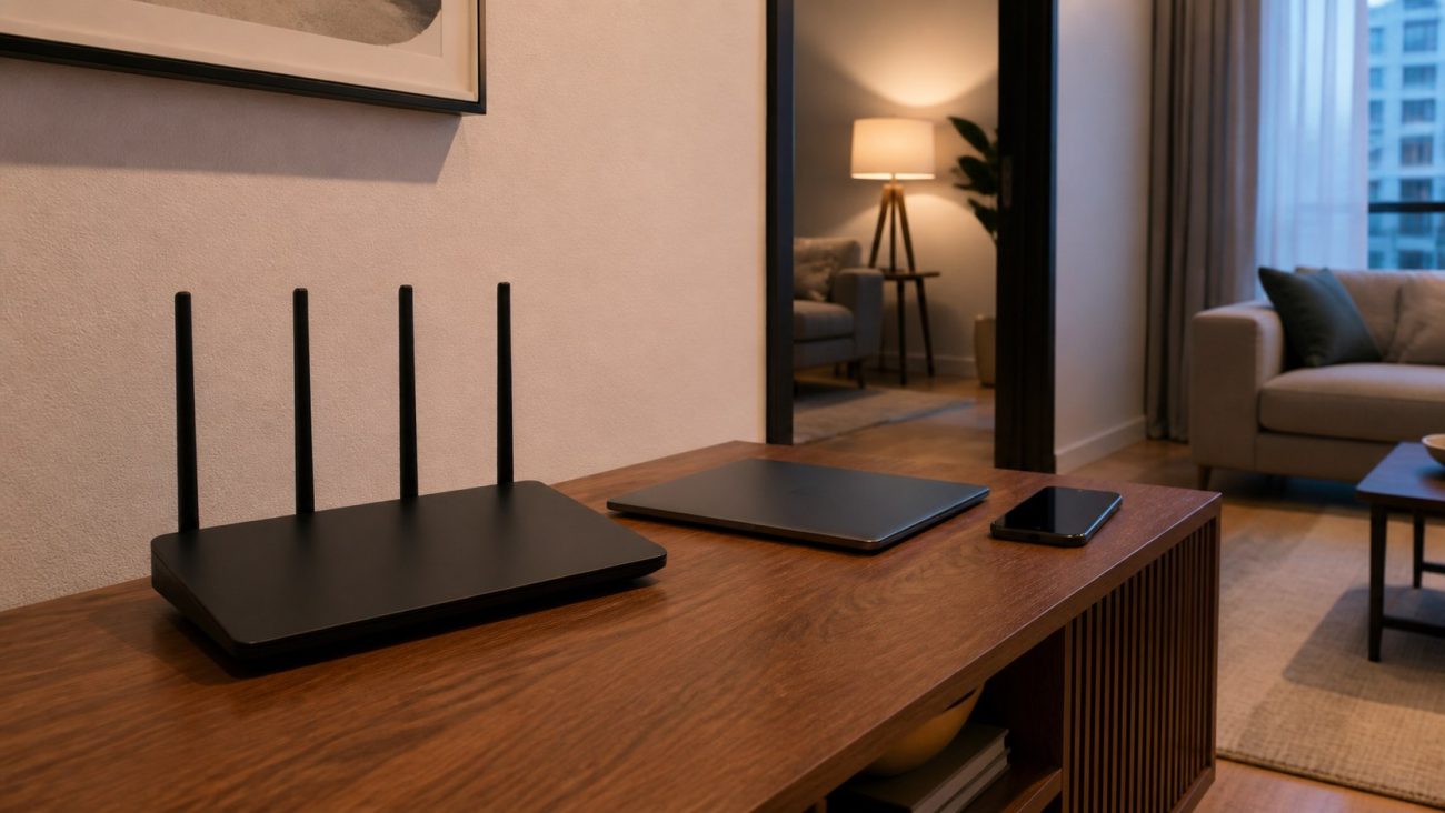 Router de cuatro antenas junto a un notebook y un celular, con otra habitación visible al fondo