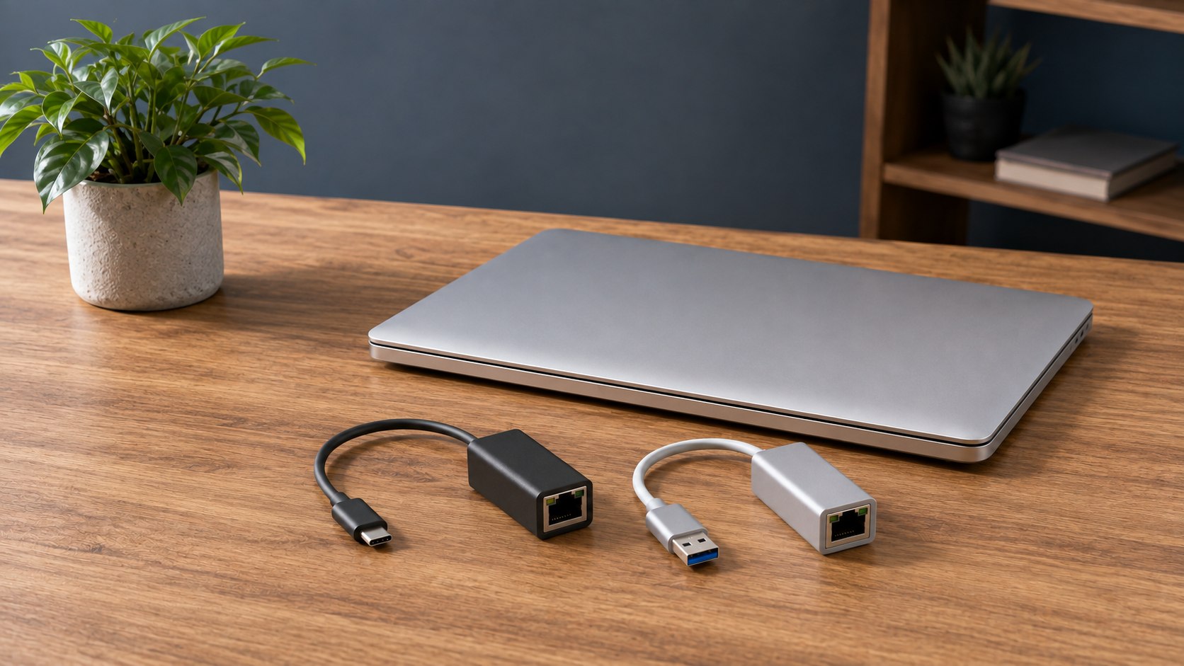 Adaptadores USB-C y USB-A a Ethernet con cables cortos y puertos RJ45 junto a un notebook