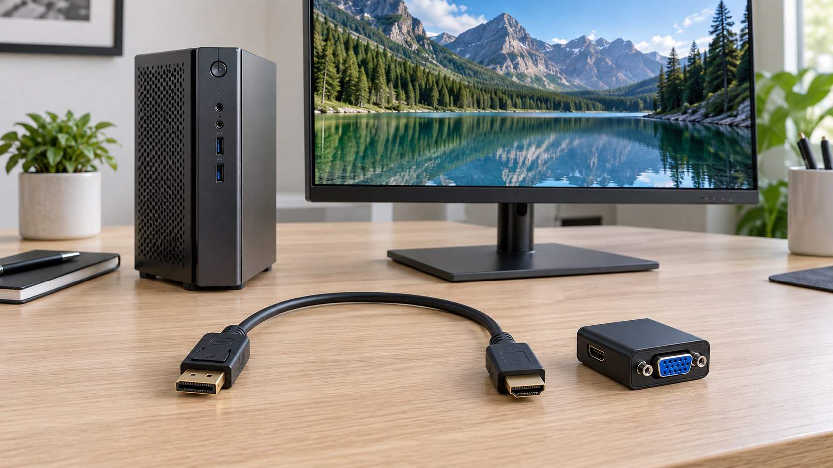 Cable DisplayPort a HDMI completo y convertidor HDMI a VGA sobre un escritorio con computador y monitor