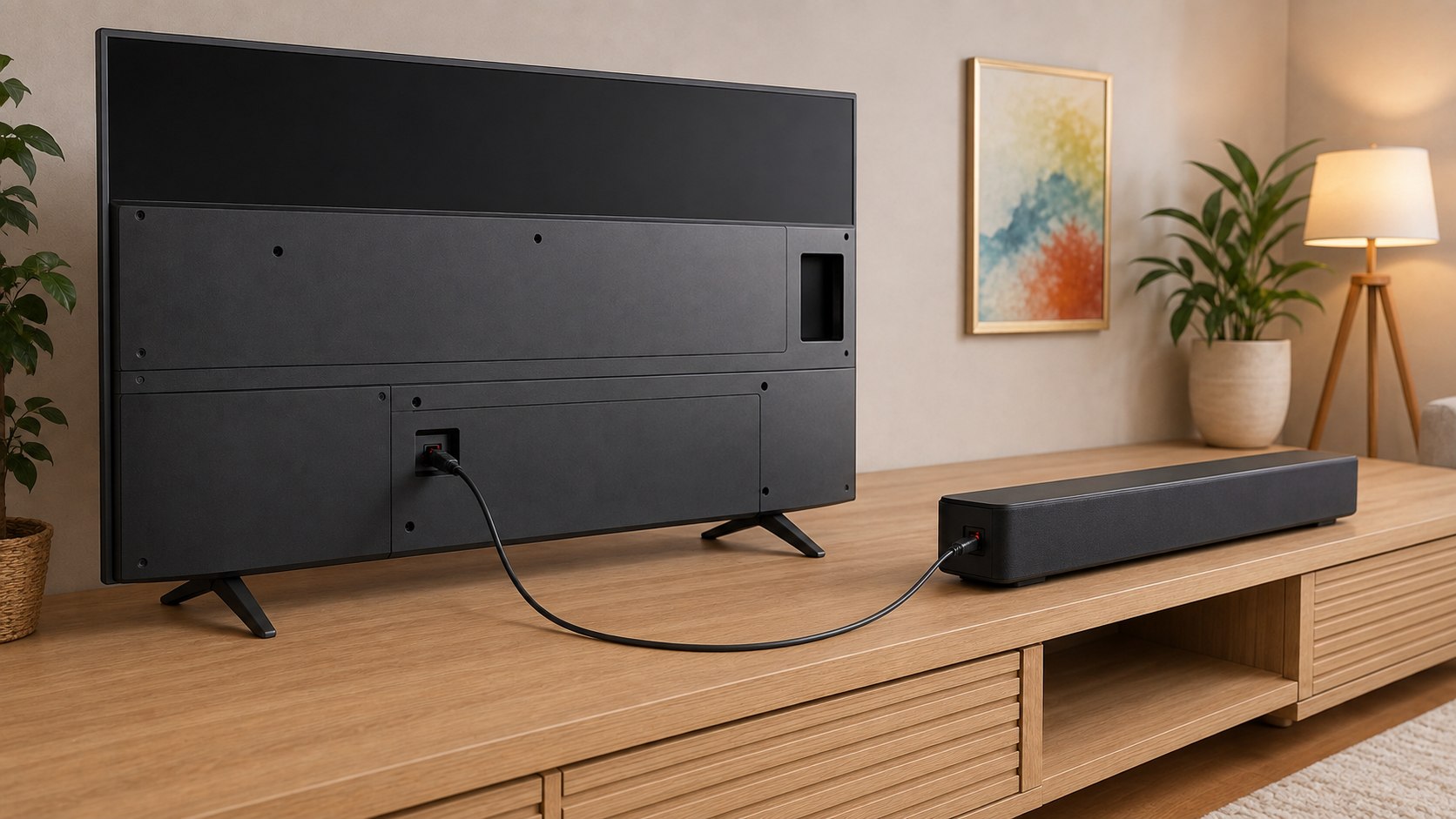 Cable Toslink continuo conectado entre la salida óptica de un televisor y una barra de sonido