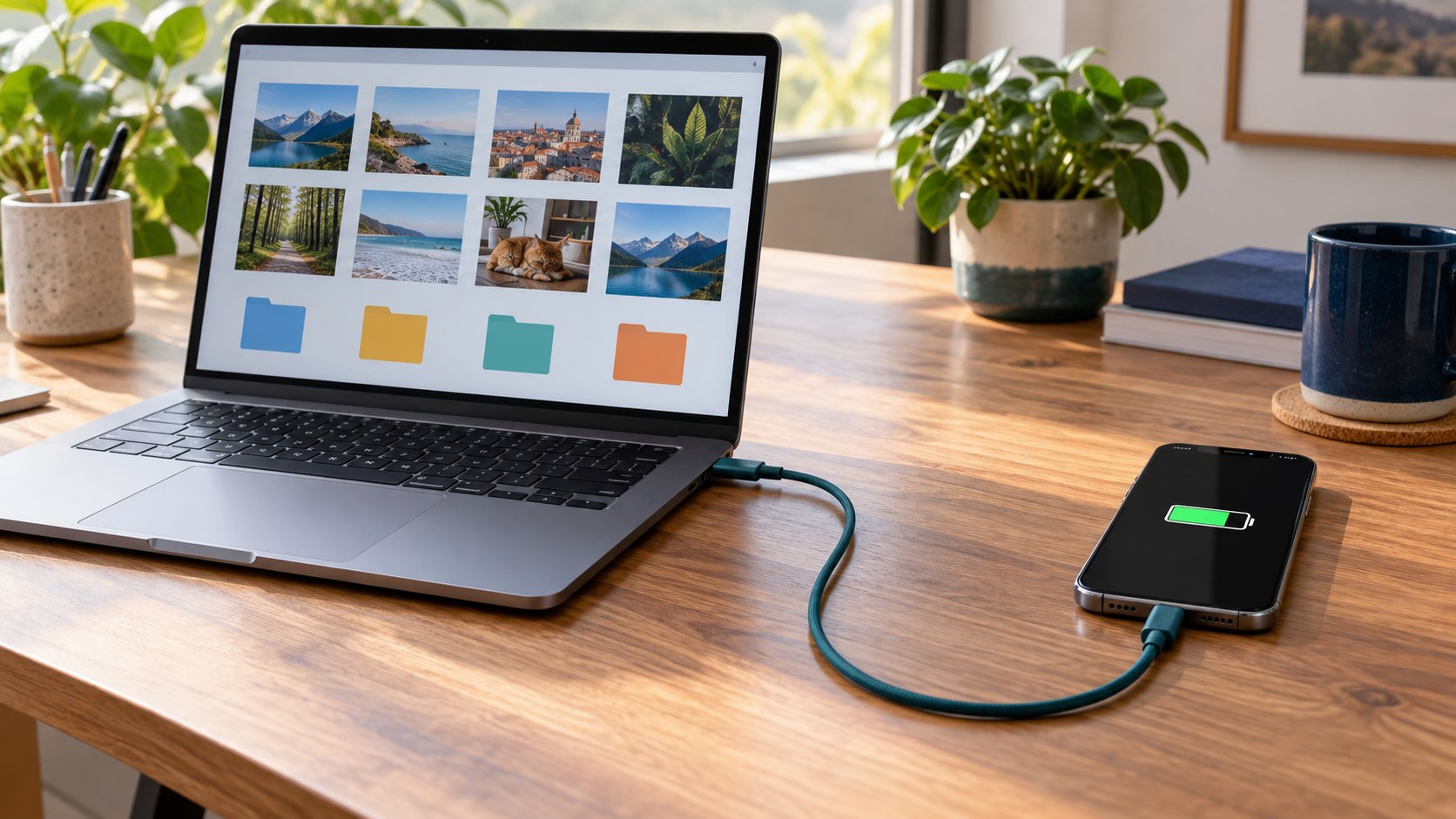 Notebook y teléfono conectados por un cable USB-C continuo mientras el móvil muestra carga