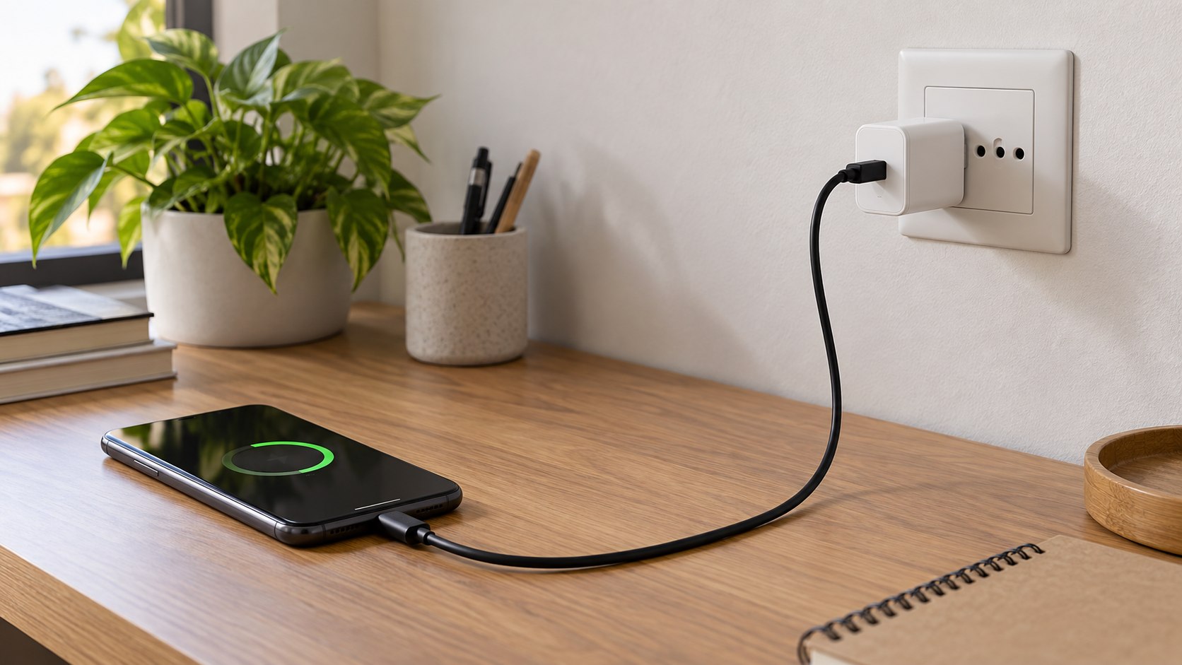 Cargador USB-C conectado a un celular mediante un cable completo sobre un escritorio ventilado