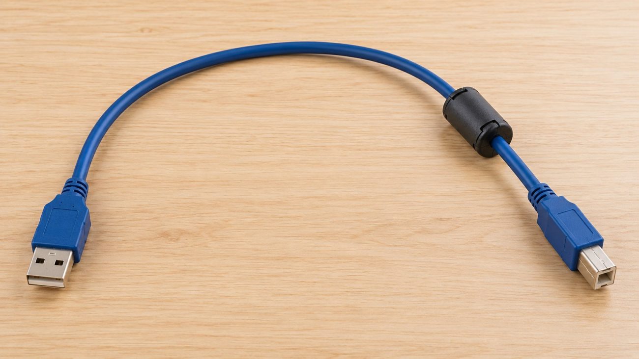 Cable USB-A a USB-B azul con un filtro cilíndrico de ferrita negro