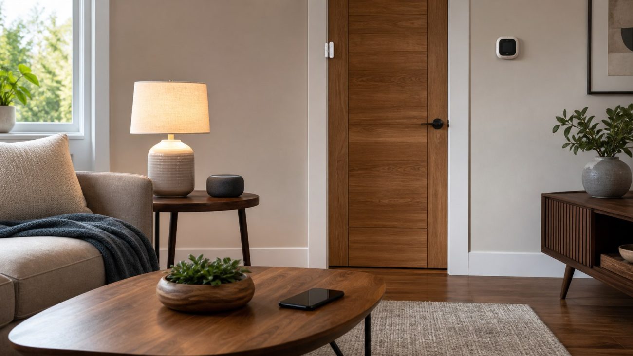Sala con lámpara, parlante inteligente, termostato, sensor de puerta y teléfono