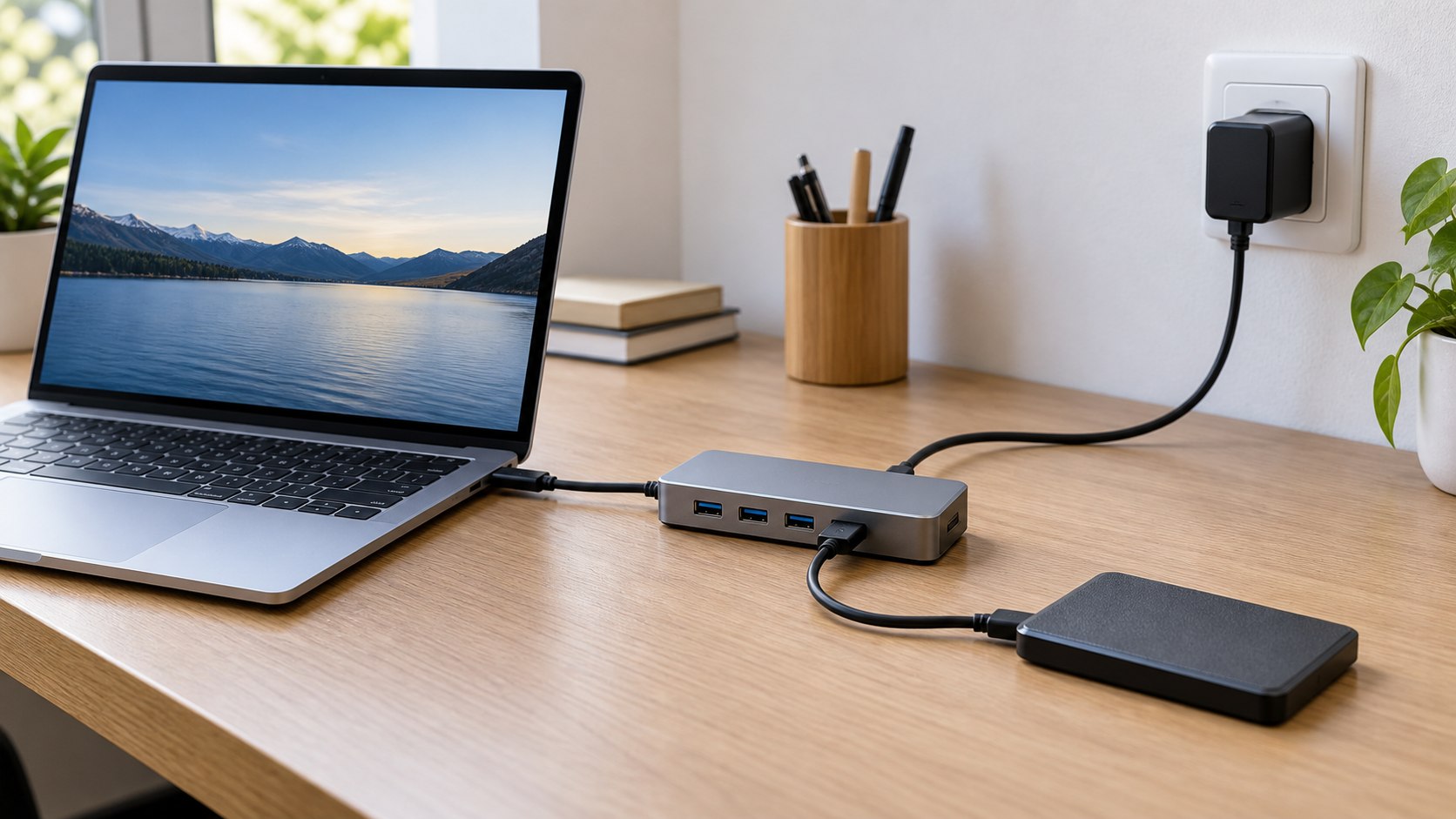 Hub USB conectado a un notebook, un SSD externo y una fuente de pared mediante tres cables completos