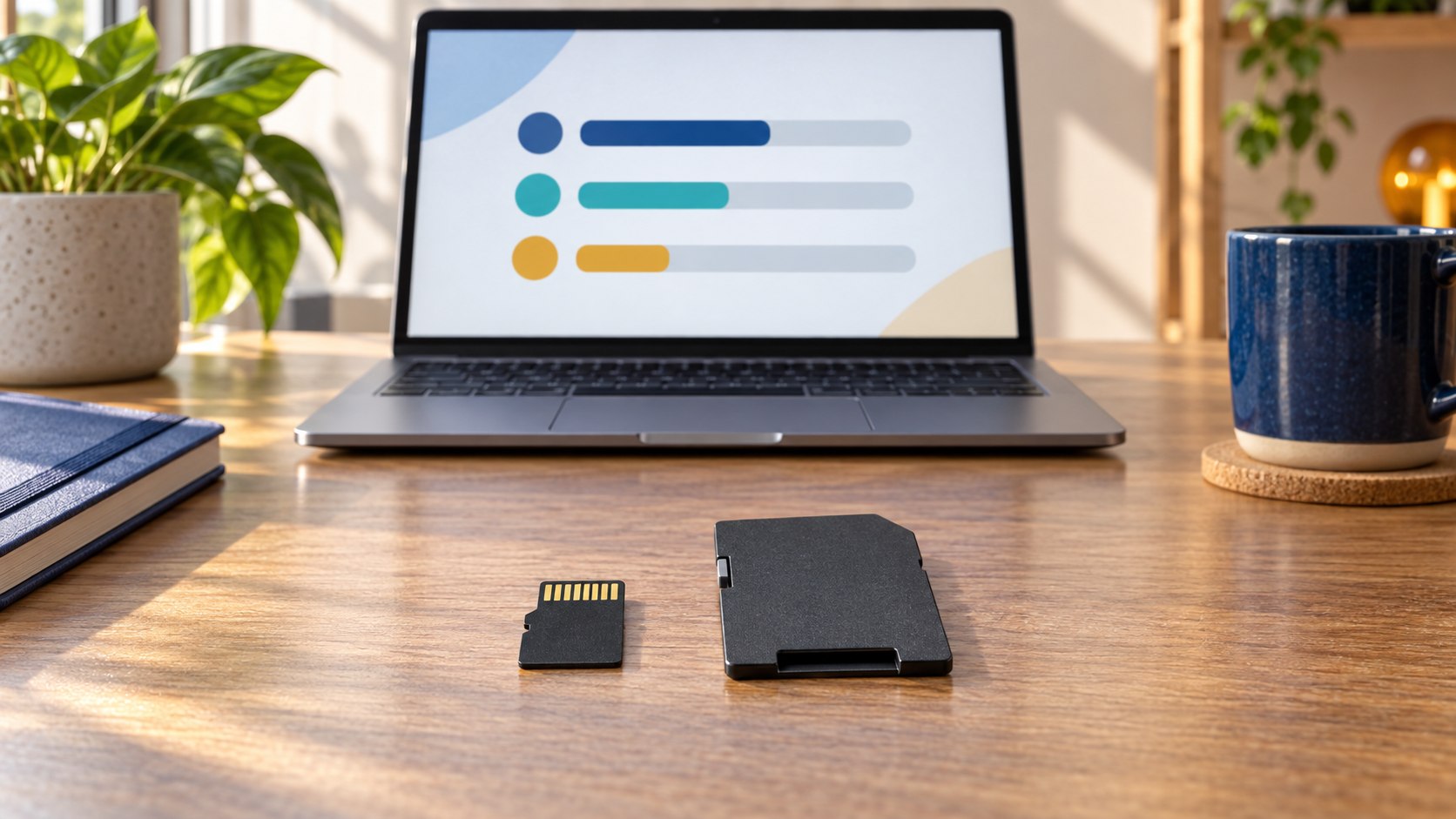 Tarjeta microSD y adaptador SD completos frente a un notebook que muestra barras de almacenamiento