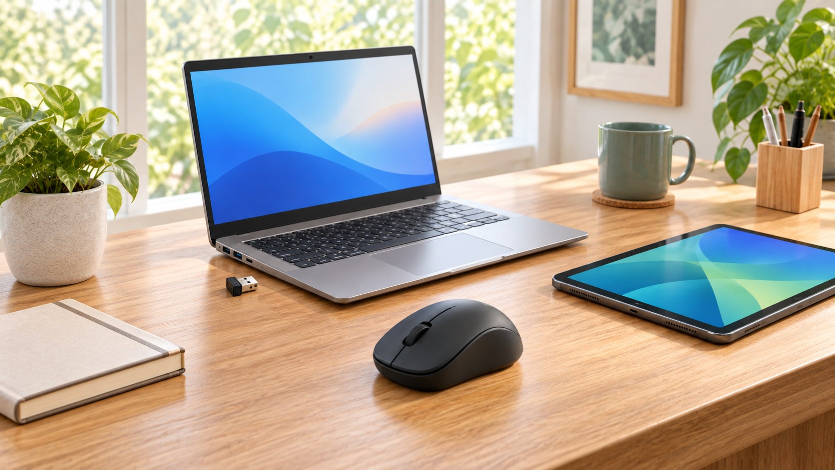 Mouse inalámbrico junto a un notebook, una tablet y un receptor USB-A sobre un escritorio