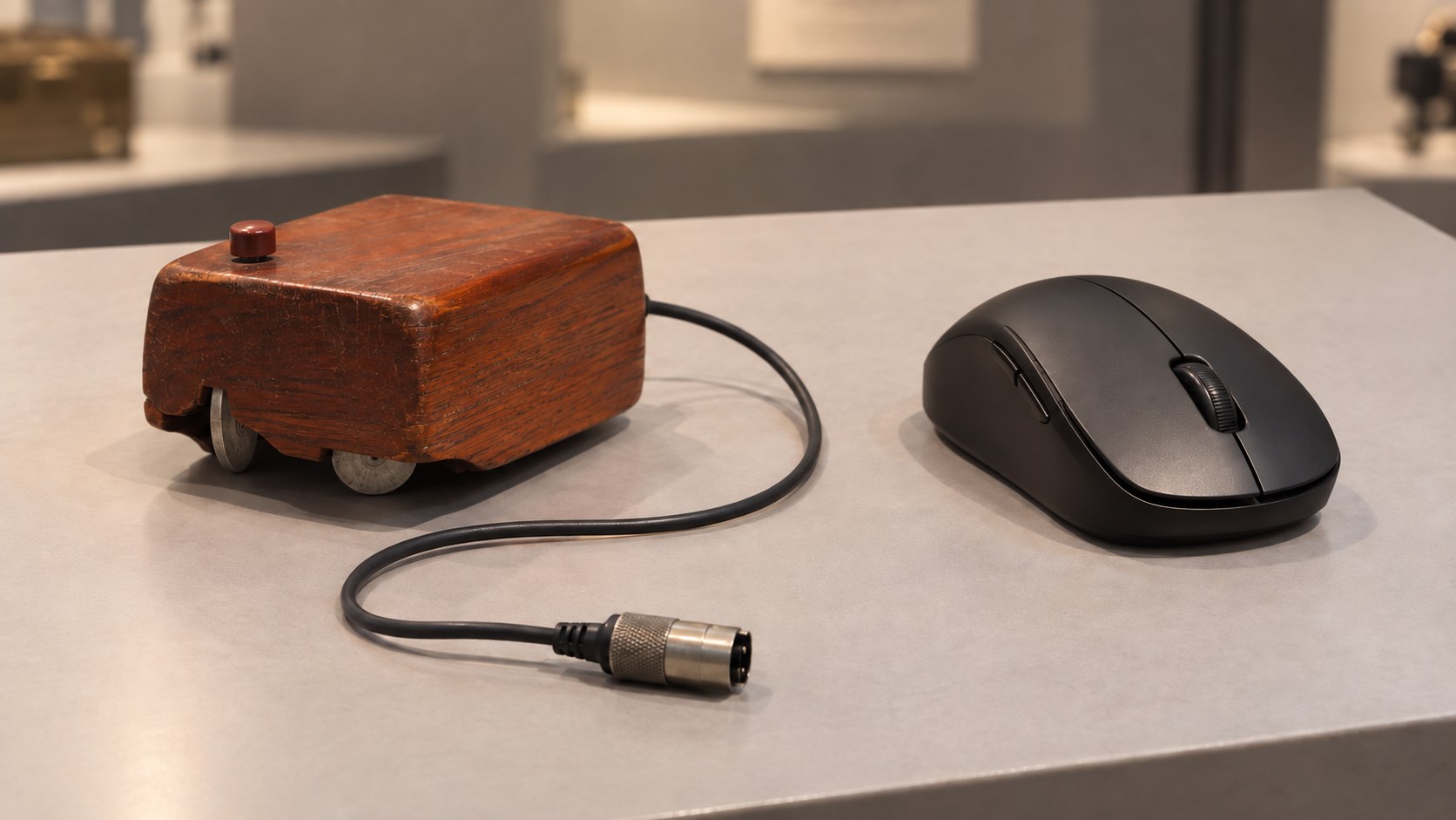 Recreación de un mouse experimental de madera con cable completo junto a un mouse óptico inalámbrico moderno