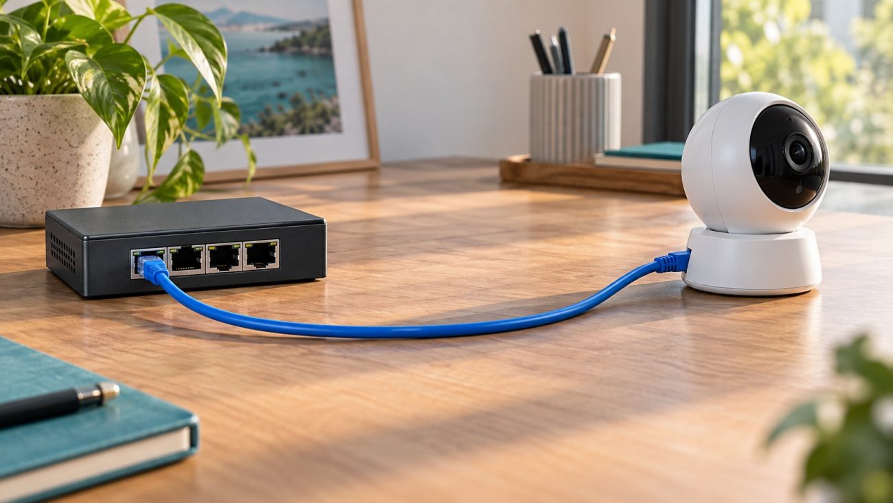 Switch PoE conectado a una cámara IP mediante un único cable Ethernet azul continuo