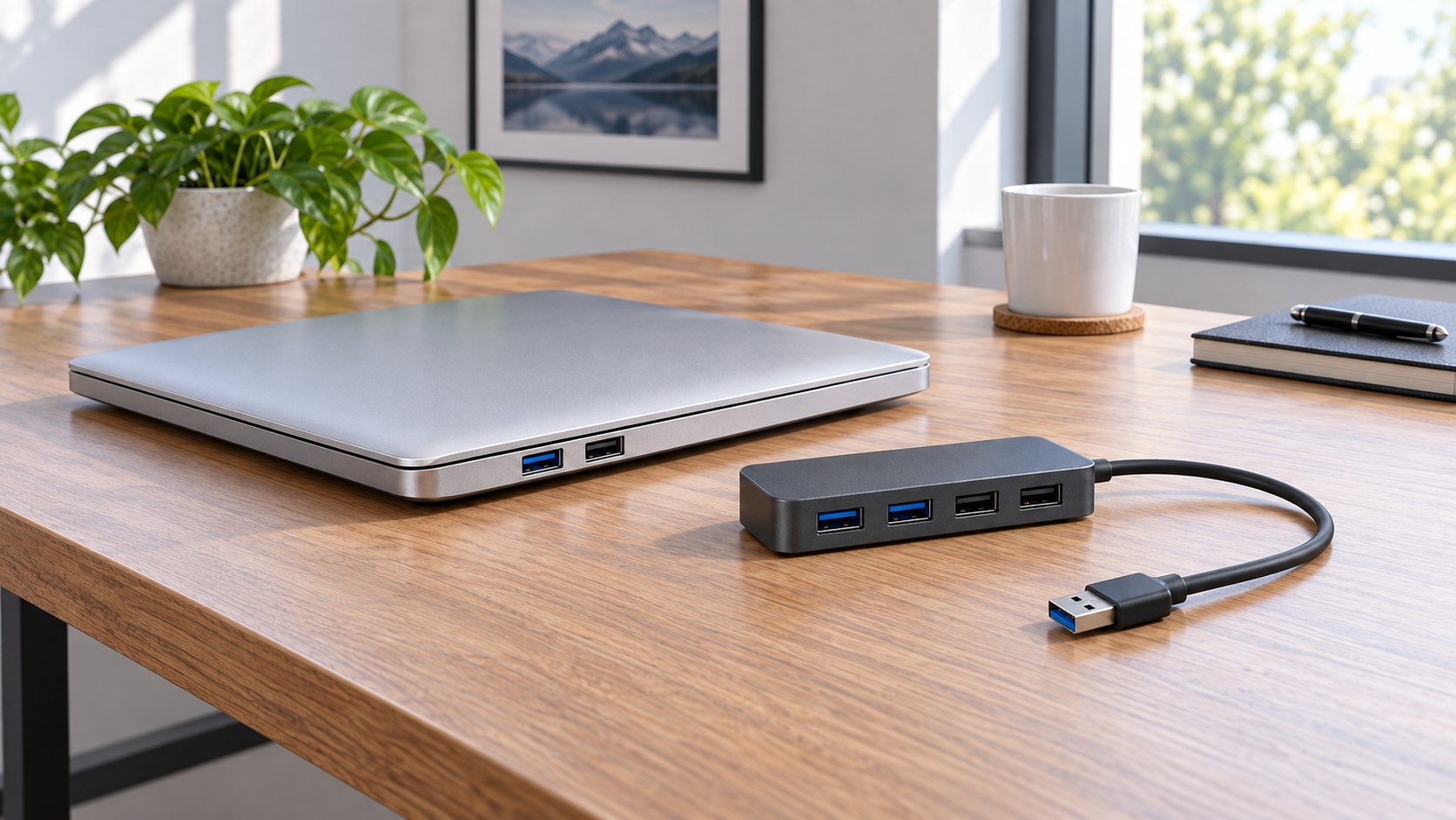 Notebook y hub USB con puertos de color azul y negro junto a un conector USB-A completo