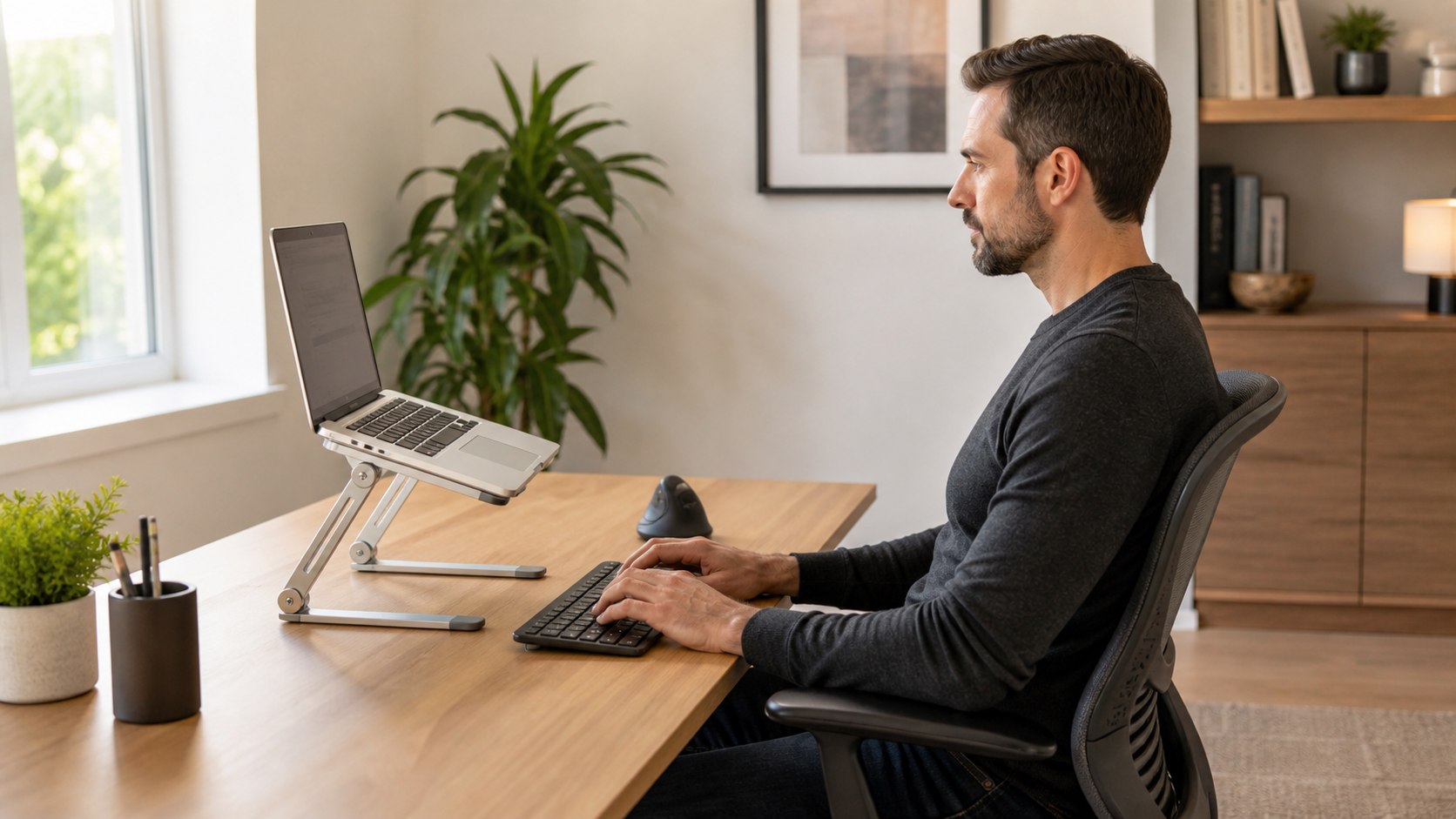 Persona frente a un notebook elevado en un soporte metálico con teclado y mouse externos
