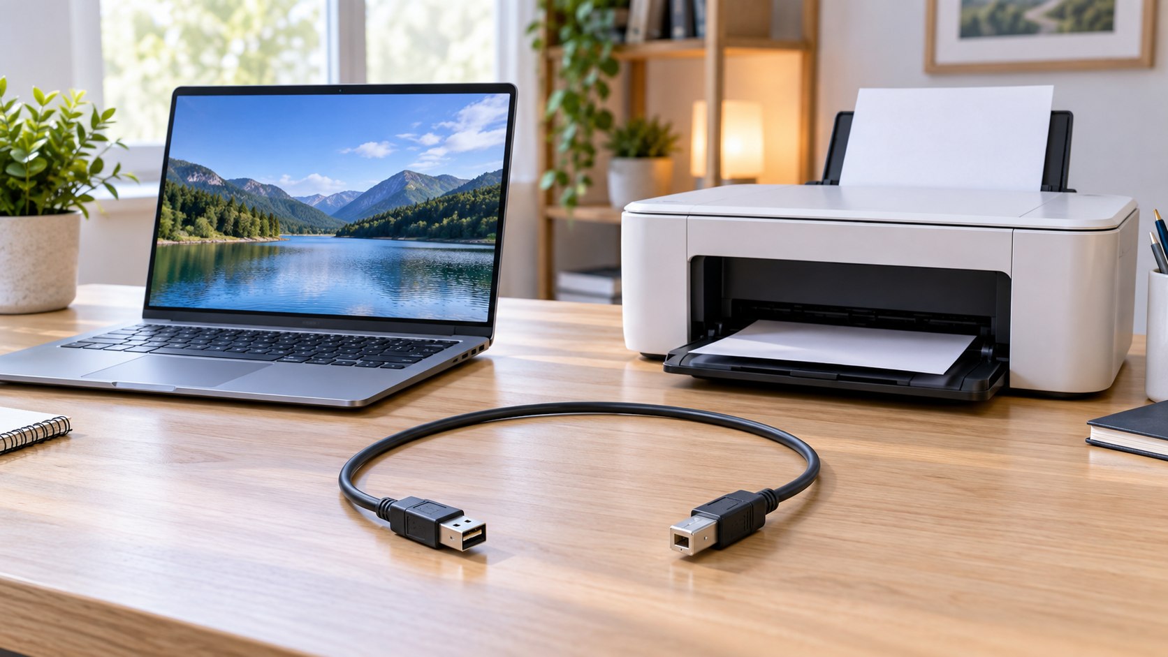 Cable USB-A a USB-B completo junto a un notebook y una impresora