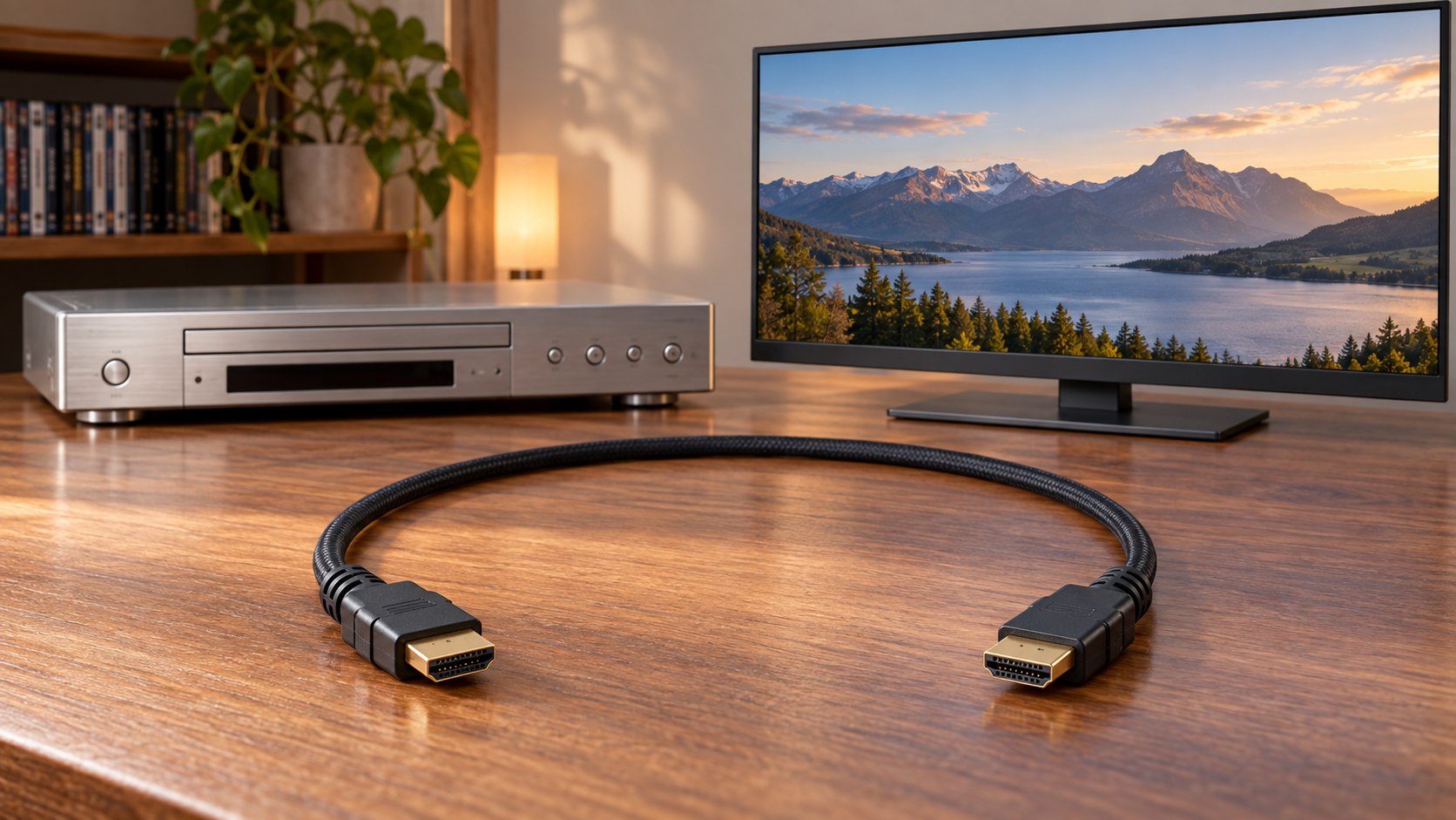 Cable HDMI completo frente a un reproductor de DVD y un monitor moderno